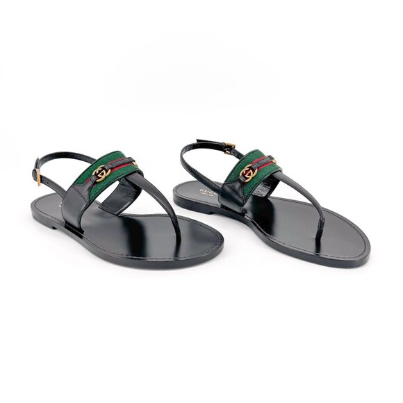 Gucci Jakarta Black Interlocking G T-Strap Flat Sandals Size 37 US 7 Women's - Picture 1 of 14